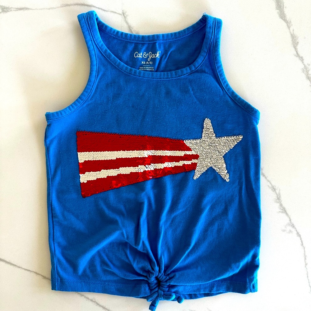 Cat & Jack, sequin red white & blue tank top, with knot in front, super cute!